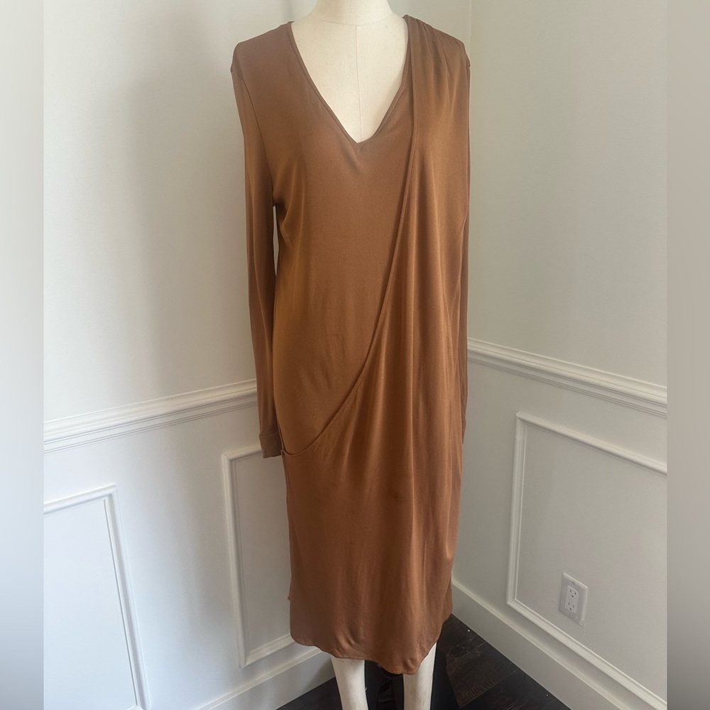 Chloe camel colour dress with draping